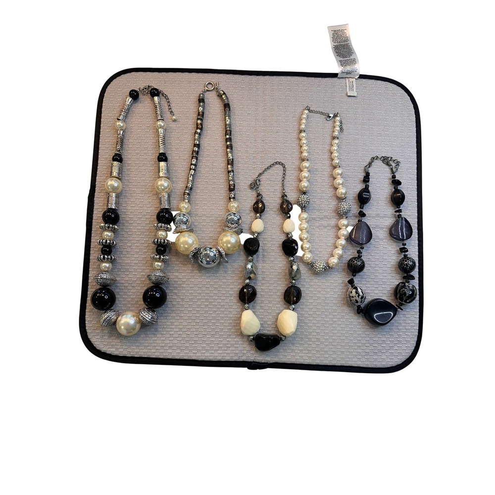 Lot of 5 Chunky Statement Necklaces Black White Silver Faux Pearl‎ Beaded Boho